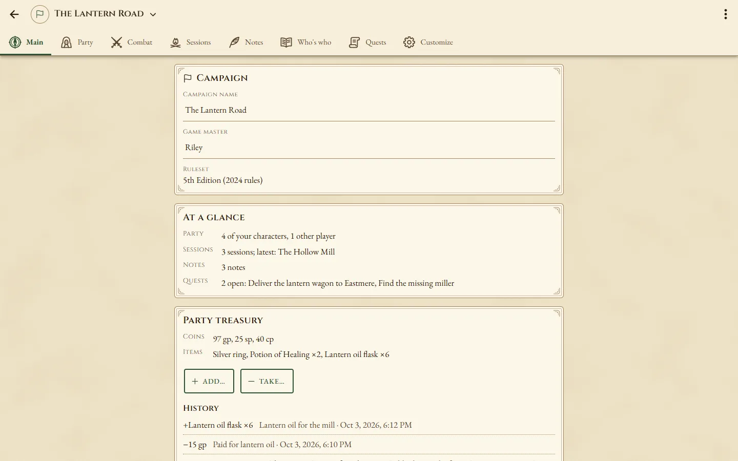 The campaign screen on a computer, with tabs for Party, Combat, Sessions, Notes, Who's who and Quests.