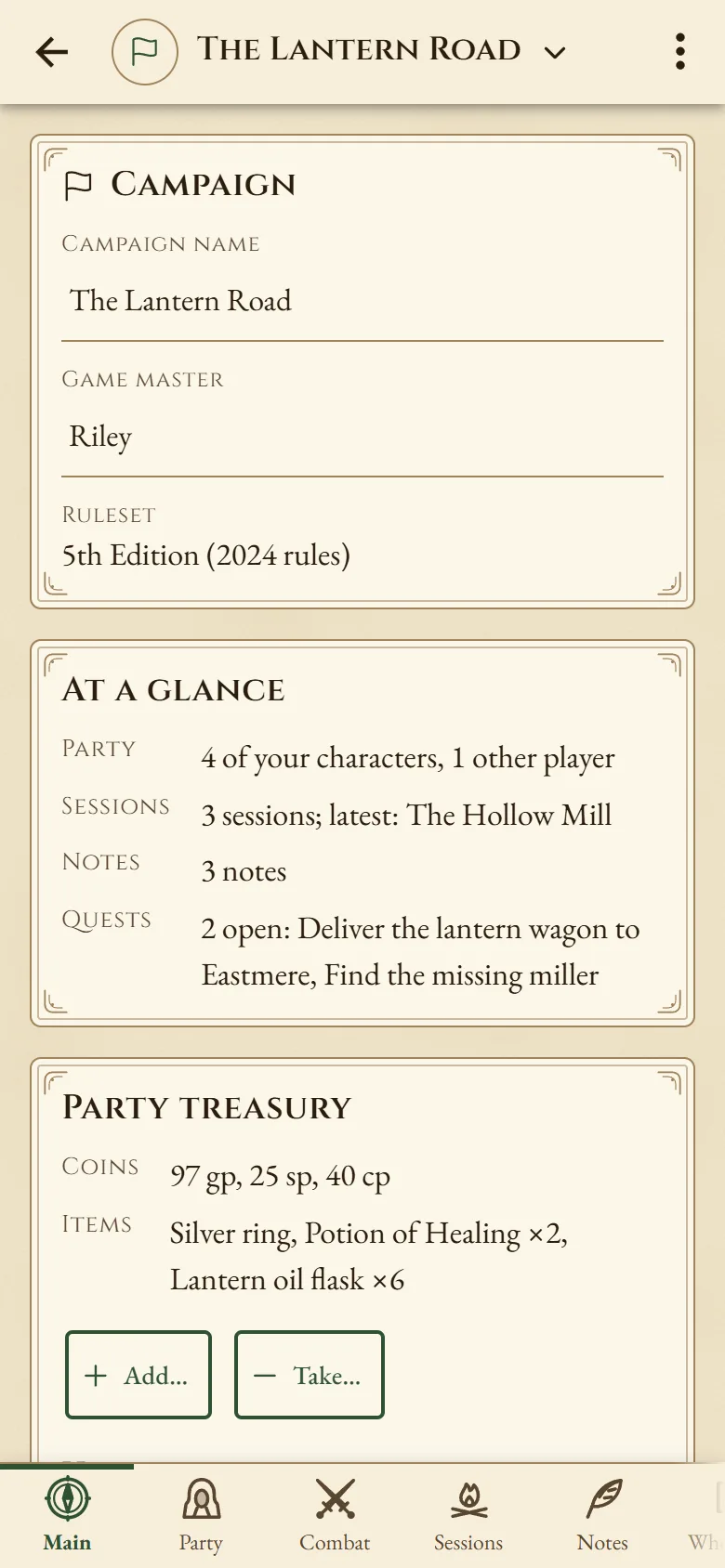 The campaign The Lantern Road at a glance: party, sessions, notes, open quests and the party treasury.