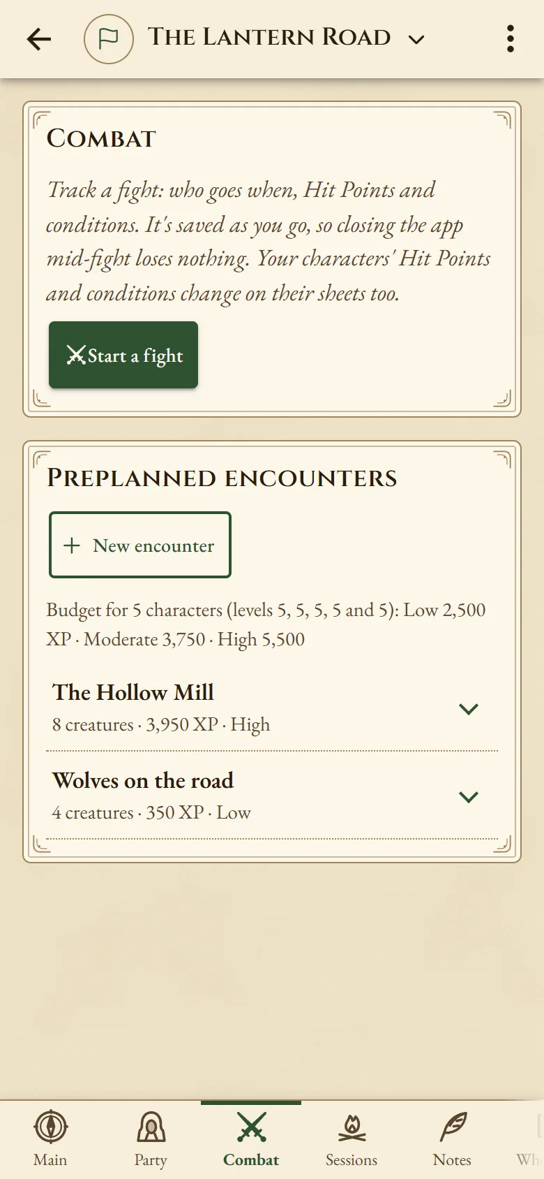 Preplanned encounters: The Hollow Mill, 8 creatures, rated High, and Wolves on the road, rated Low, with the party's XP budget.