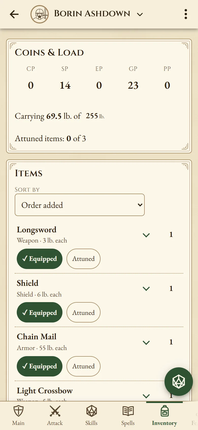 A fighter's inventory: coins, the weight carried, and a longsword, shield and chain mail marked as equipped.