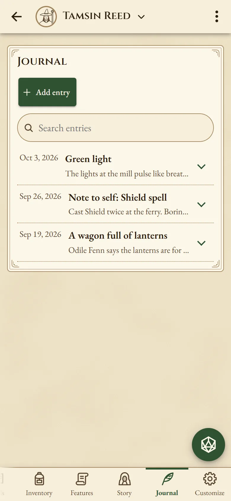 A wizard's journal with three dated entries, such as Green light and A wagon full of lanterns.