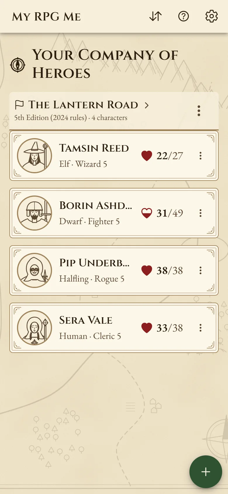 The roster on a phone: four characters in the campaign The Lantern Road, each with their hit points.
