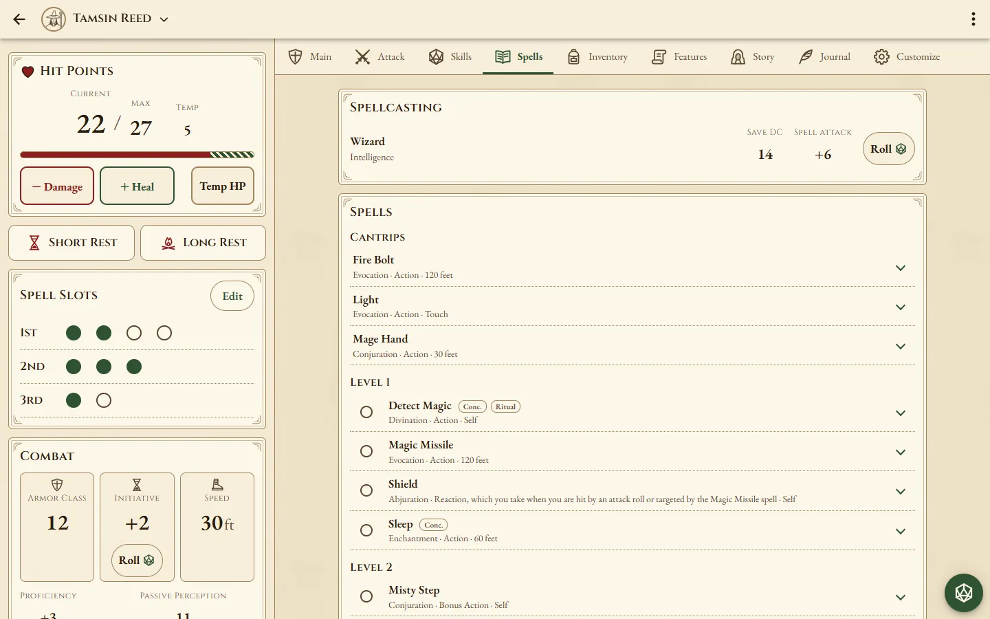 A wizard's character sheet on a computer: hit points, spell slots and armor class beside her list of spells.