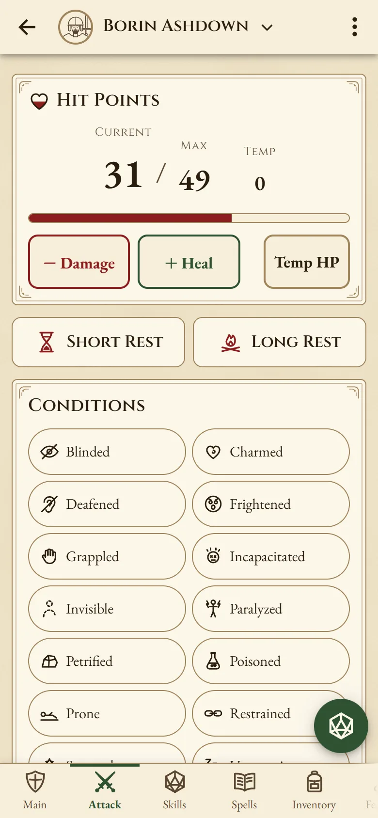 A fighter's hit points at 31 of 49, with Damage, Heal and Temp HP buttons, short and long rests, and conditions.
